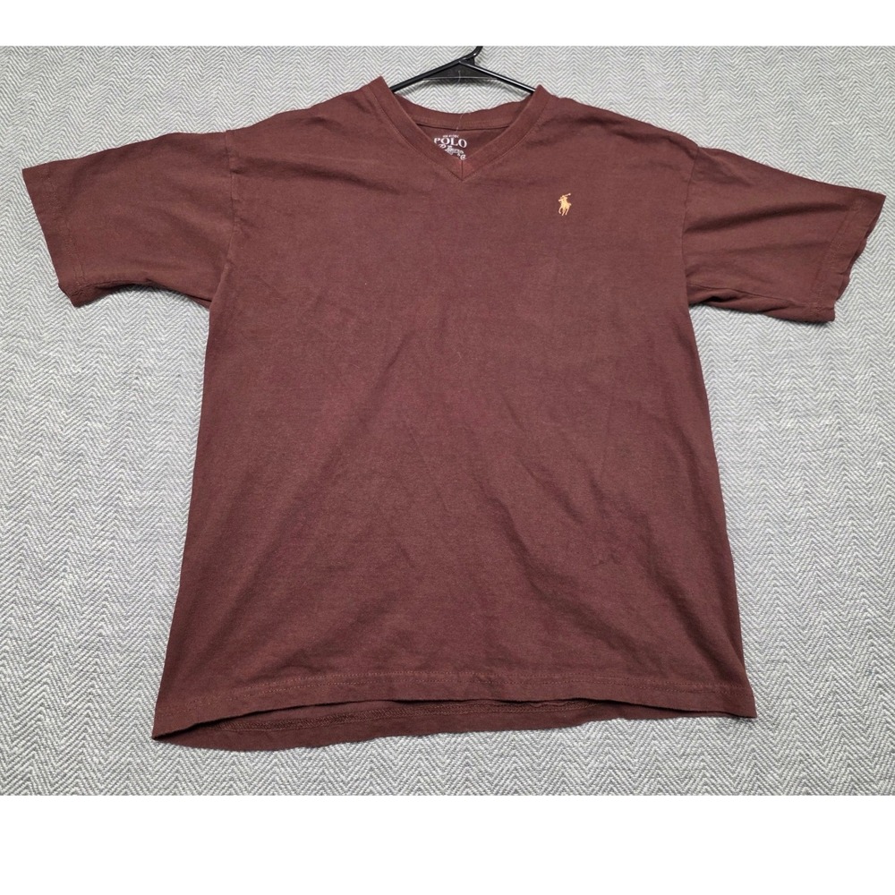 Polo Ralph Lauren Mens V-Neck T-Shirt Maroon‎ Burgundy Cotton Pony Logo Size L